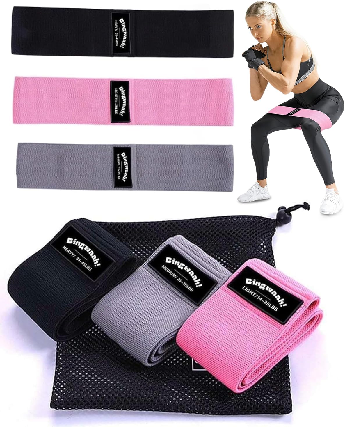 Resistance Loop Mini Band - 女性と男性のためのファブリックレジスタンスバンド - 調整可能な14-45ポンドの抵抗を持つミニループバンド3本セット、軽量、コンパクト
