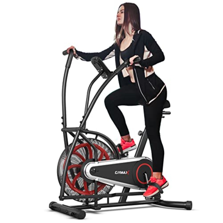 Home Gym Resistance - ホームジム用有酸素トレーニング機器：空気抵抗式ファンバイク、黒色スチールフレーム、LCDモニター、携帯電話ホルダー、調整可能な内蔵ホイール
