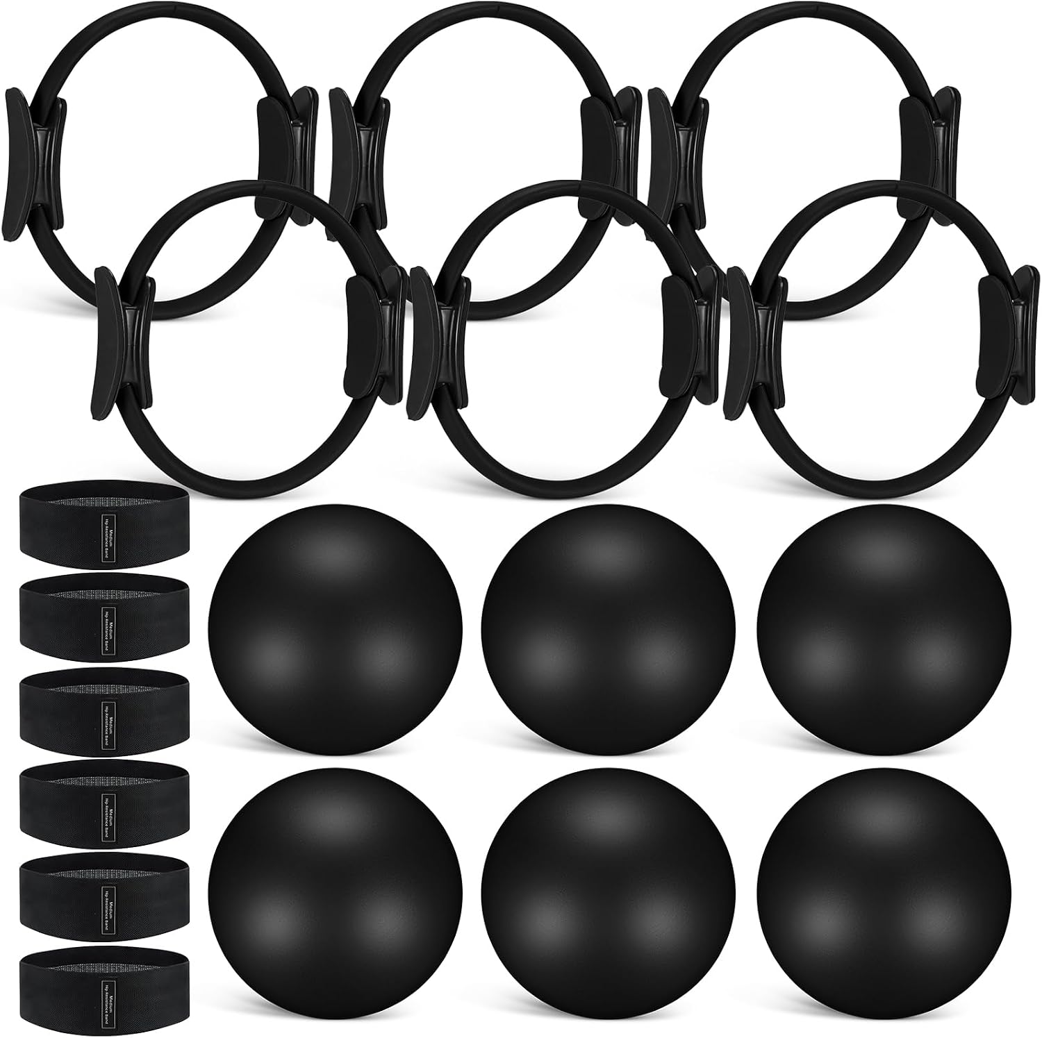Resistance Loop Mini Band - 18個入りピラティスリング＆ボールセット、レジスタンスバンド付き、マジックサークルエクササイズリング、ミニヨガボール、ワークアウトループバンド、筋力トレーニング、体幹強化、柔軟性向上、ホームジム用、パープル・ブルー・ピンク 18個パック