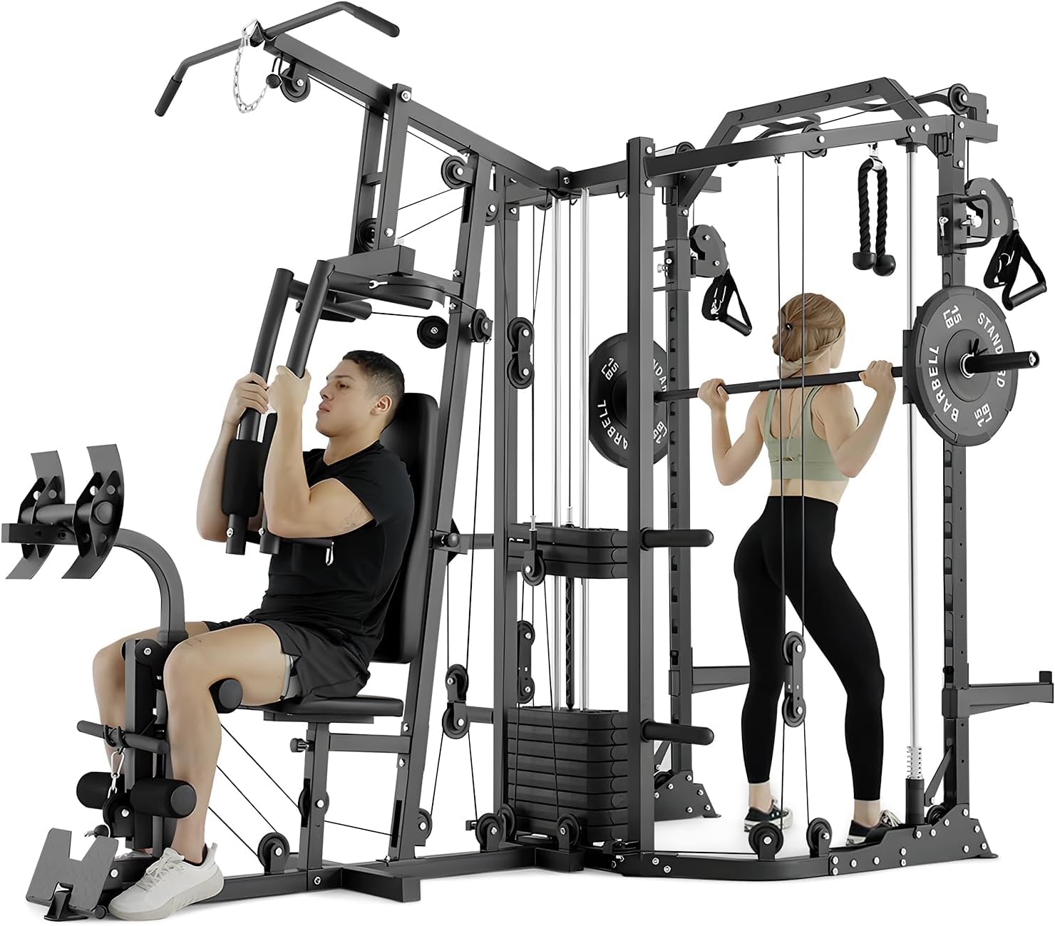 Home Gym With Smith Machine - デュアルステーションスミスマシンΔマシンパワーケージ、121ポンドのウェイトスタックとケーブルクロスオーバーを備えたオールインワンホームジムワークアウトステーション、カスタム