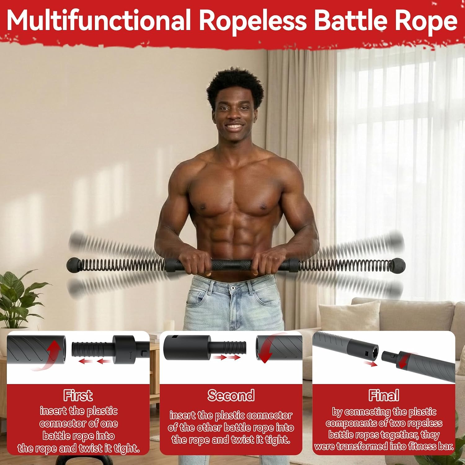 Home Gym Workout - 2-in-1アップグレード版コードレスバトルロープパワーツイスターバー、高弾性スプリングフィットネスレジスタンストレーナー、上半身の筋力強化、脂肪燃焼、クロスフィット、ホームジムトレーニング、ポータブルな屋内外トレーニングギア用全身筋肉エクササイズ機器