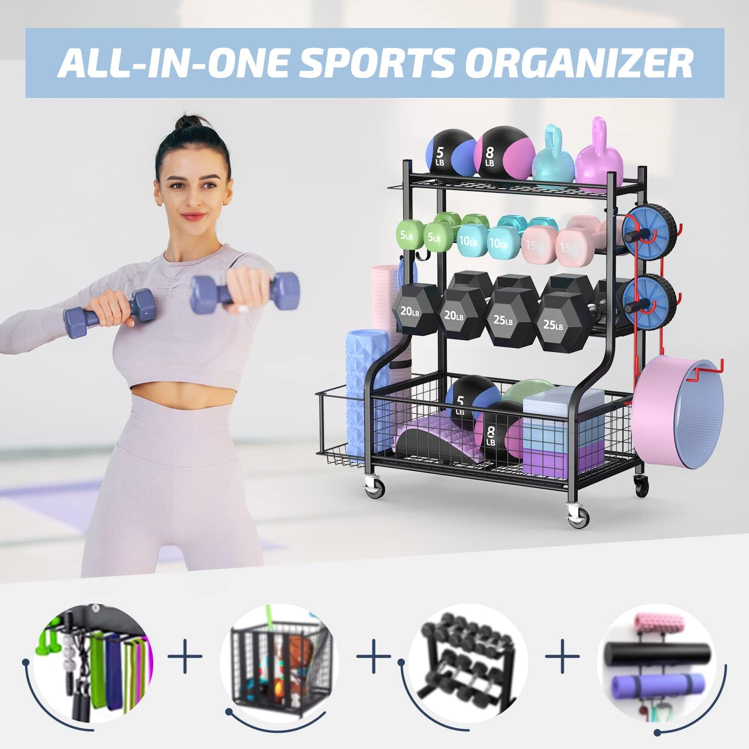 ホームジムダンベルラック（ホイール付き）、頑丈なスチール製、 - Home Gym Dumbbells のレビューと価格